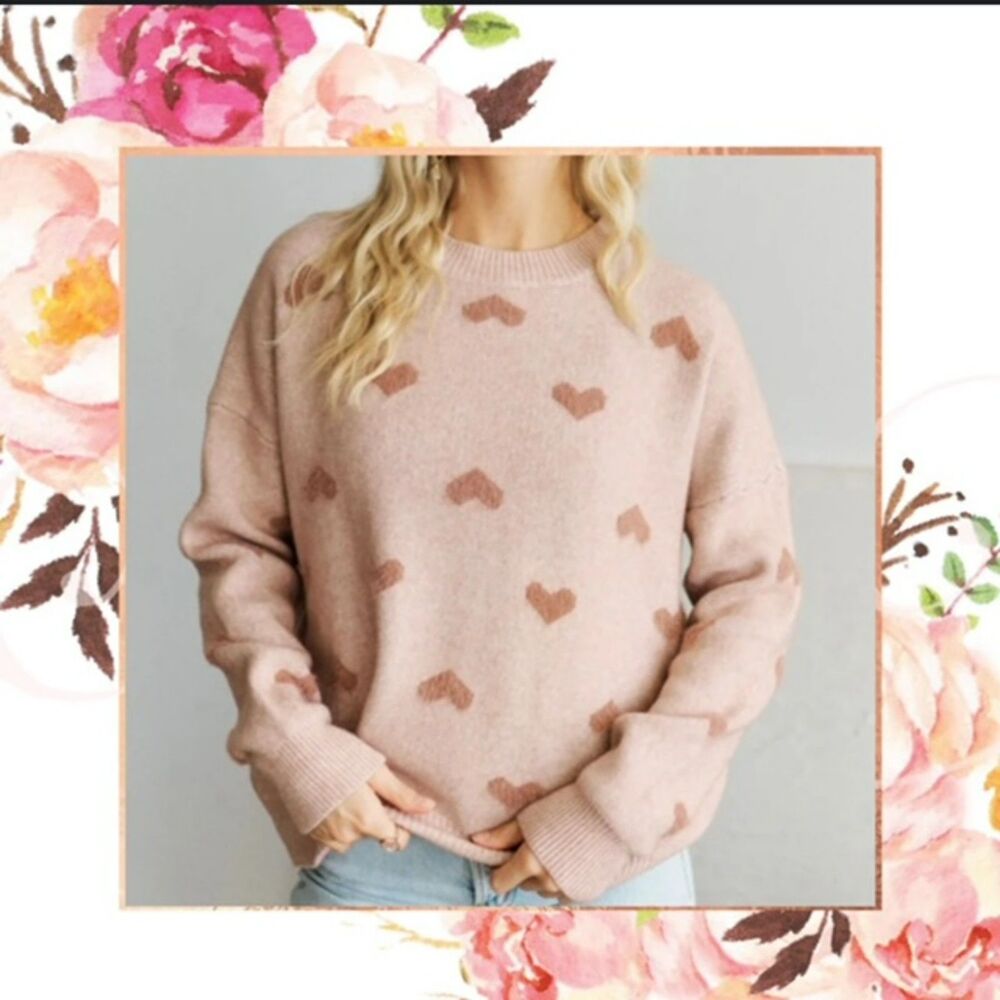 WILLOW PEACHY PINK EMBOSSED HEART SWEATER SIZE LARGE THICK & COZY